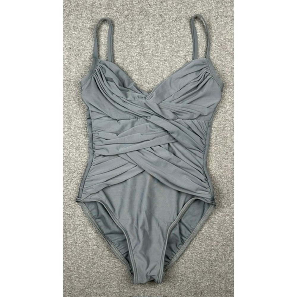 Magicsuit Miraclesuit Mystique One Piece Swimsuit Gray Draped Shirred Size 6